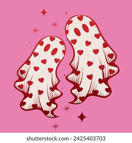 Cute retro valentine ghosts. Spooky love. Vector illustration EPS10.
