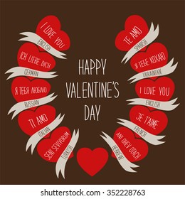 Cute retro Valentines Day card with hearts and hand written text I LOVE YOU in different languages