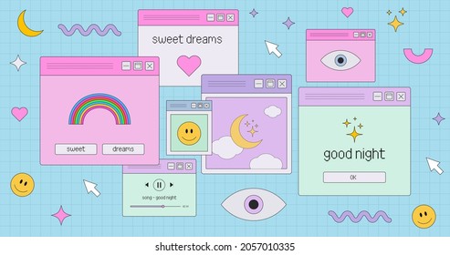 Cute Retro Vapor Wave Desktop with Good Night and Sweet Dreams Message. Cool ui elements vector design.