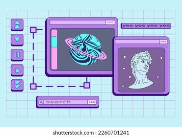 Cute Retro Vaporwave Desktop mit Message. Retro-Browser-Computerfenster in den 90er Jahren mit Geek-Aufklebern. Y2k ästhetischer Hintergrund für soziale Medien, mit PC-Nachrichtenbox.  Illustration von UI und UX