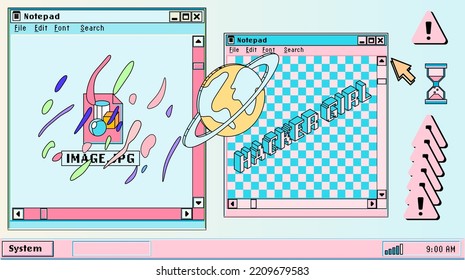 Cute retro vaporwave style collage of user interface elements. Pixelated window boxes, tabs, buttons.