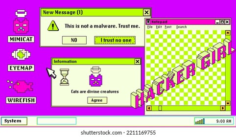 Cute retro vaporwave style collage of user interface elements. Pixelated Y2K window boxes, tabs, buttons.