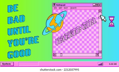 Cute retro vaporwave style collage of user interface elements. Pixelated Y2K window boxes, tabs, buttons.
