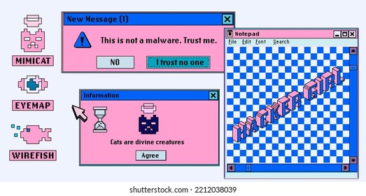 Cute retro vaporwave style collage of user interface elements. Pixelated Y2K window boxes, tabs, buttons.