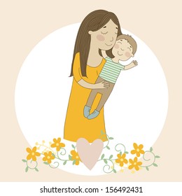 Cute retro vector card with mother and child. Happy mothers day.