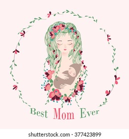Cute retro vector card with mother and child with flowers. Happy mothers day. Vintage floral background with woman and baby.