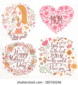 Cute retro vector cards with mother and child, flower wreath, hearts. Happy mothers day. Vintage floral backgrounds with woman and baby. I love you postcard. Set of four designs.