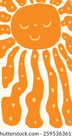 Cute Retro Vector Childish Sun Illustration with Face Closed Eyes and Smile, Summer Boho Background for Holiday Brochures and Designs