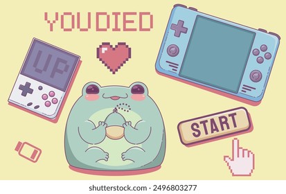 Cute retro video game badges and stickers. Cartoon flat and pixel art elements of vintage videogame - kawaii frog character play with digital pet, handheld console and gamepad, buttons and signs.