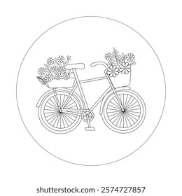 Cute retro vintage bike decorated with flower baskets vector illustration of a hand embroidery pattern for a round hoop, embroidery sticker paper, craft gift, handmade gift, bicycle illustration