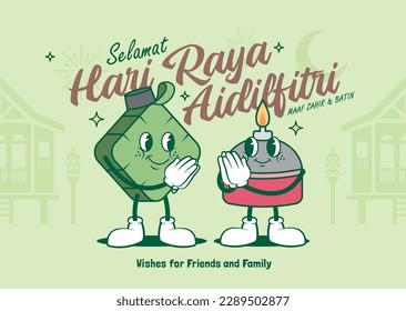 Cute retro vintage cartoon ketupat and pelita oil lamp with kampung house silhouette. Muslim festival celebration flat design for poster, banner or graphic design. (text: Fasting day celebration)