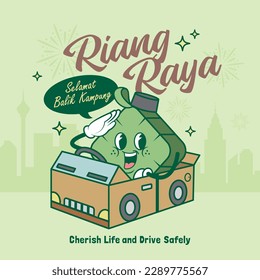 Cute retro vintage cartoon ketupat with cardboard box car. Muslim festival celebration flat design for poster, banner or graphic design. (text: Happy fasting day, return hometown safely)