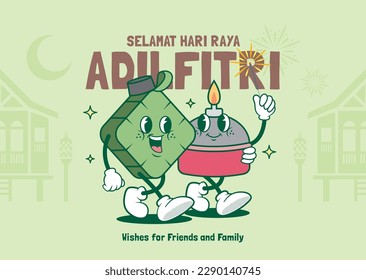 Cute retro vintage cartoon ketupat and pelita oil lamp with kampung house silhouette. Muslim festival celebration flat design for poster, banner or graphic design. (text: Fasting day celebration)