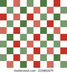 Cute retro vintage Christmas Checkerboard Y2K sin costuras de fondo vectorial de patrón. Resumen de papel tapiz rojo y verde festivo de textura repetida, diseño textil moderno y de moda