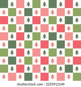 Cute retro vintage Christmas Checkerboard Y2K seamless pattern vector background. Abstract festive red pink and green repeat texture wallpaper with xmas tree icon silhouette, modern trendy.
