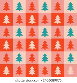 Cute retro vintage Christmas tree Checkerboard Y2K seamless pattern vector background. Abstract festive red and pink texture wallpaper with Xmas tree icon silhouette, modern trendy textile design