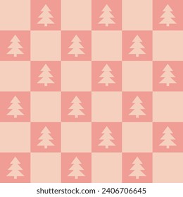 Cute retro vintage Christmas tree Checkerboard Y2K seamless pattern vector background. Abstract festive red and pink texture wallpaper with Xmas tree icon silhouette, modern trendy textile design