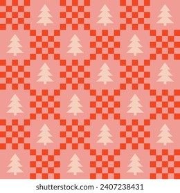 Cute retro vintage Christmas tree Checkerboard Y2K seamless pattern vector background. Abstract festive red and pink texture wallpaper with Xmas tree icon silhouette, modern trendy textile design