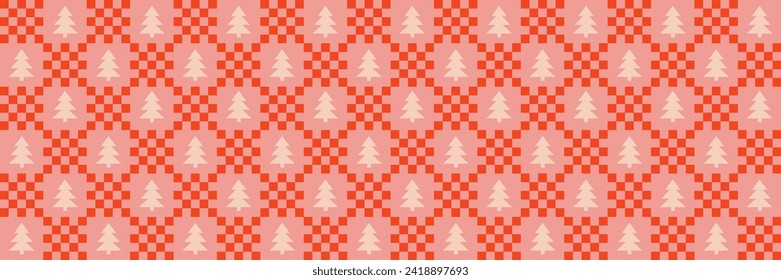 Cute retro vintage árbol de Navidad Checkerboard Y2K de fondo vectorial sin fisuras. Resumen de papel tapiz rojo y rosa festivo con silueta de icono de árbol de Navidad, diseño textil moderno y de moda