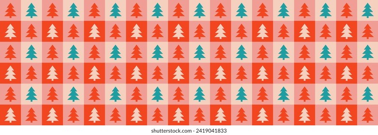 Cute retro vintage Christmas tree Checkerboard Y2K seamless pattern vector background. Abstract festive red and pink texture wallpaper with Xmas tree icon silhouette, modern trendy textile design