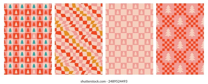 Lindo retro vintage árbol de Navidad Checkerboard Y2K patrón fondos de Vector. Abstractas rojo festivo y Fondo de pantalla de textura de oro con la silueta del icono del árbol de Navidad, diseños textiles modernos de moda