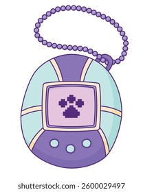 Cute Retro Virtual Pet Toy Hand Drawn Illustration Isolated on White Background. Nostalgic Artificial Pet Device with Screen Display, Pixel Paw Print, Buttons