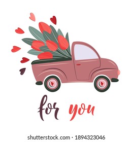 Cute retro waggon delivering flowers. Special delivery. Valentine's day, birthday or wedding concept. Love, Romantic vector illustration in flat cartoon style. For card,  banner, invitation