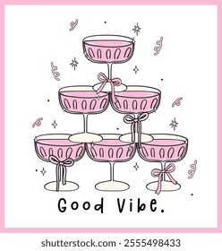 Cute Retro Wine Glasses Stack Hand Drawn Coquette Celebration Doodle in Pink