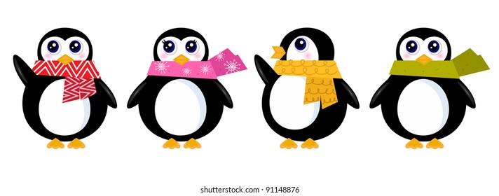 Cute retro winter Penguin set isolated on white ( vector )