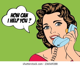 cute retro woman in comics style with message, vector illustration