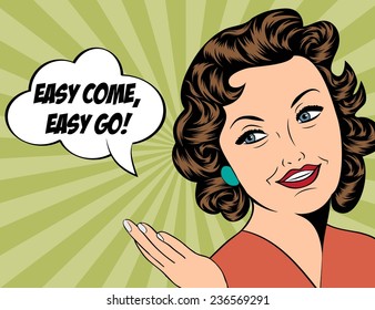 cute retro woman in comics style with message, vector illustration