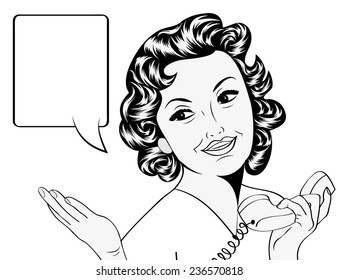 cute retro woman in comics style with message, vector illustration