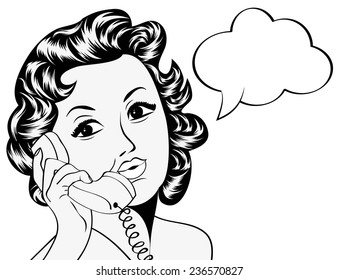 cute retro woman in comics style with message, vector illustration