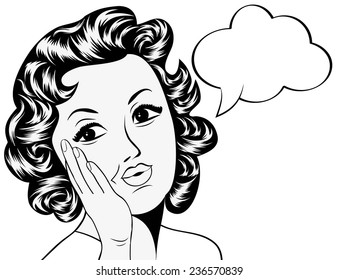 cute retro woman in comics style with message, vector illustration