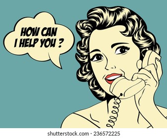 cute retro woman in comics style with message, vector illustration