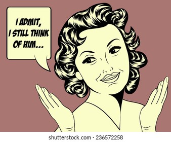 cute retro woman in comics style with message, vector illustration