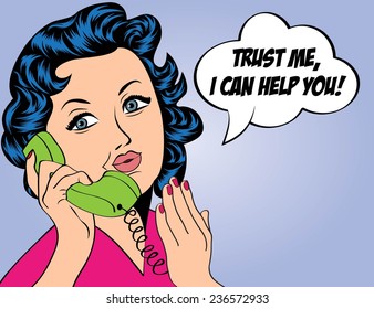 cute retro woman in comics style with message, vector illustration