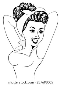 cute retro woman in comics style with message, vector illustration