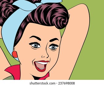 cute retro woman in comics style with message, vector illustration