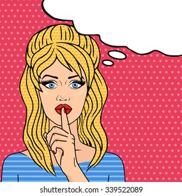 Cute retro woman with finger on lips for quiet silence, shhh pop art comic style vector illustration