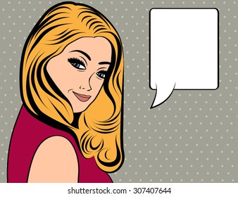 cute retro woman with long blonde hair in comics style, vector illustration