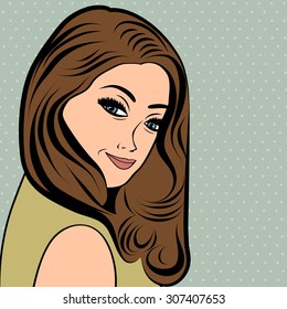 cute retro woman with long  hair in comics style , vector illustration