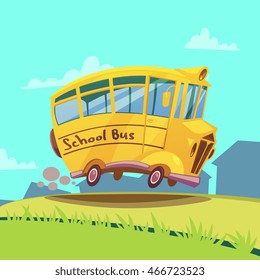 Cute retro yellow school bus on the road cartoon vector illustration