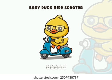 A cute and retro-inspired illustration of an adorable duck riding a scooter in a playful cartoon style