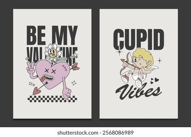 a cute retro-style cartoon cupid and heart design, perfect for greeting cards, posters, t-shirt designs, and more, vector illustration