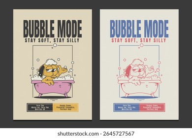 cute retro-style cartoon poster featuring a chill puppy enjoying a bubble bath, vector illustration