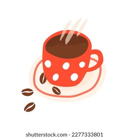 Cute retro-style cup of coffee with coffee beans on the saucer. Espresso in a red coffee mug with vapor. Morning energy symbol. Vector isolated illustration.