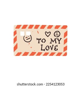 Sobre de estilo retro lindo con sello postal en forma de corazón, con letras de amor y sellos postales. Ilustración de portada de cartas dibujada a mano en el Día de San Valentín, símbolo de amor.