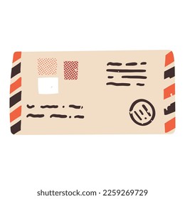 Cute retro-style envelope with a stamp, and postage stamps. Vector hand-drawn letter-cover illustration, connection, news, postal services, delivery symbol.