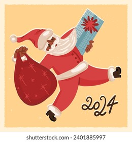 Cute retro-style happily dancing Santa Claus carries a bag with presents and a huge gift box with a bow and ribbons. Vector hand-drawn New 2024 Year, Christmas mid-century vintage greeting card design